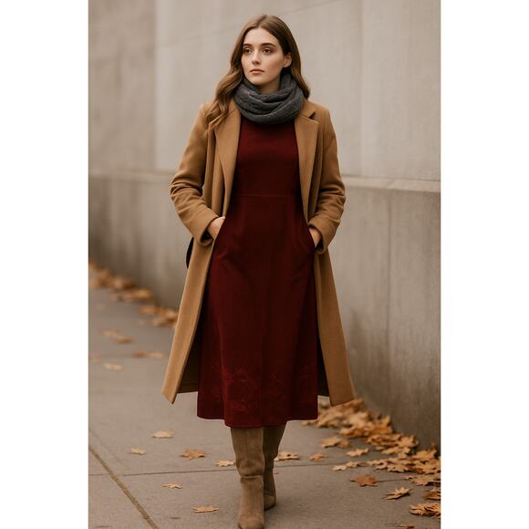 Vintage Petite Casuals Burgundy Faux Suede Embroidered Midi Dress PL Equestrian - Picture 1 of 11